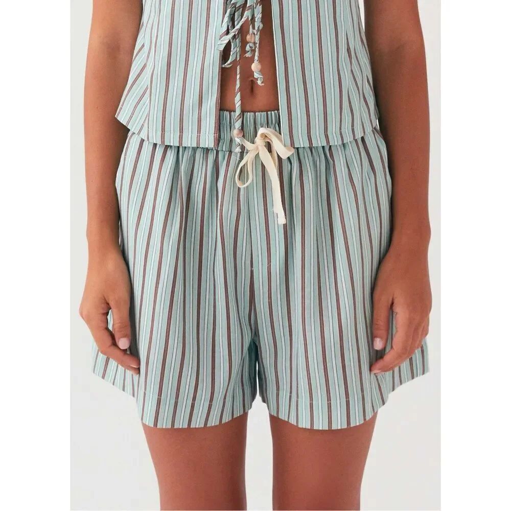 Peppermayo Striped Elastic Waist Shorts AU/UK 8 US 4 Teal Brown Drawstring Summe